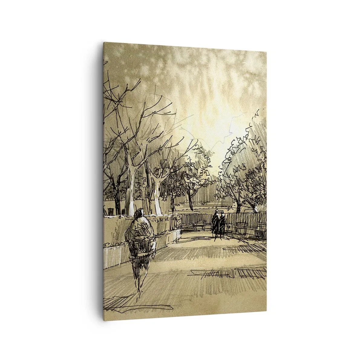 Obraz na płótnie - Rysunkowa scena z parkiem i spacerującymi ludźmi w ciepłych odcieniach - 80x120cm - Piórkiem zatrzymana chwila - Nowoczesna dekoracja ścienna do salonu i sypialni ARTTOR