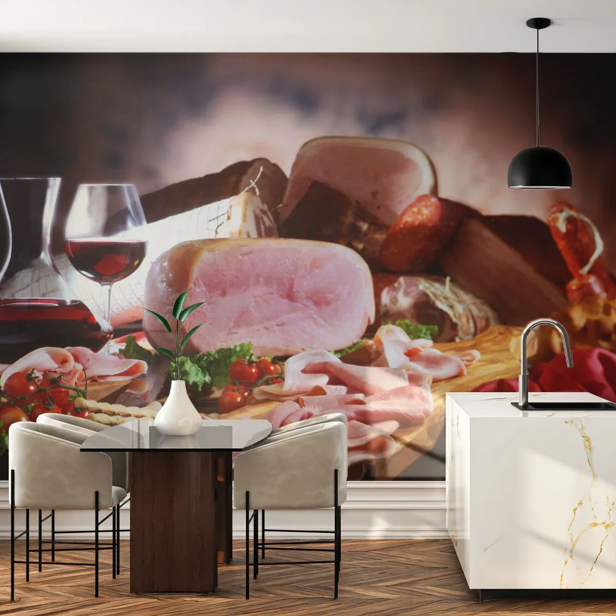 Fototapeta Samoprzylepna Deluxe Sticker - Kulinarne marzenie z karafką - Gastronomia, Wędliny, Pomidory - 250x175 cm