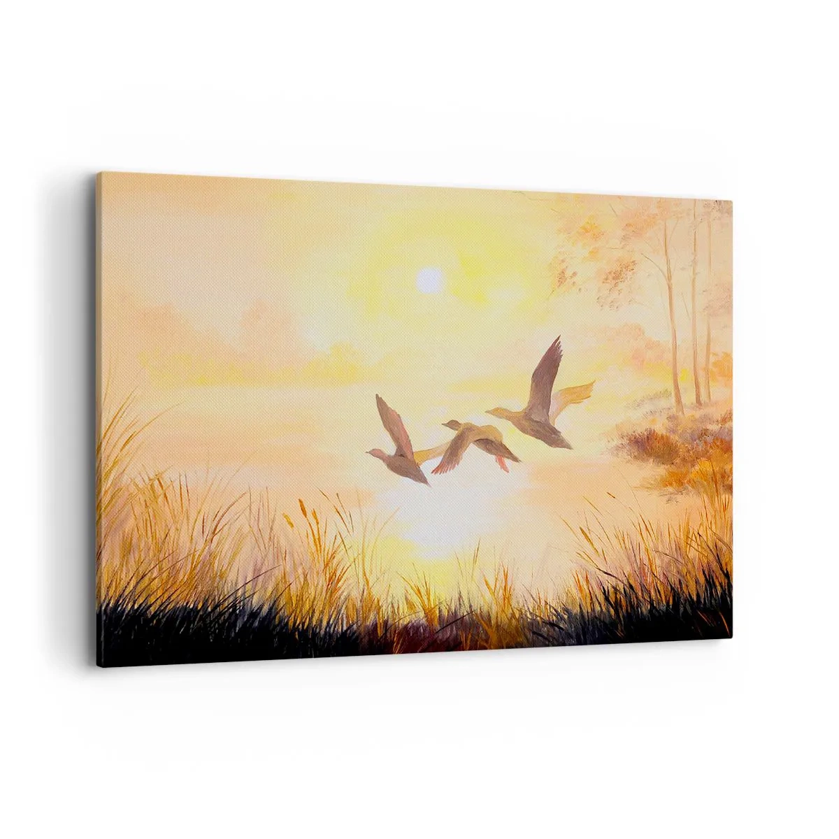 Obraz na płótnie - Lecące kaczki o wschodzie słońca nad jeziorem - 120x80cm - Początek dalekiej podróży - Nowoczesna dekoracja ścienna do salonu, kuchni i sypialni ARTTOR