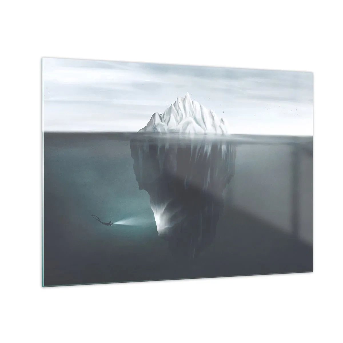 Obraz na szkle - Góry lodowej z nurkiem eksplorującym podwodną część - 70x50cm - Podwodna tajemnica - Nowoczesna dekoracja ścienna do salonu i sypialni ARTTOR