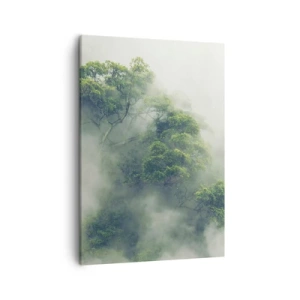 Obraz na płótnie - Zielone drzewa spowite gęstą mgłą - 50x70cm - Otulone mgłą - Nowoczesna dekoracja ścienna do salonu, kuchni i sypialni ARTTOR