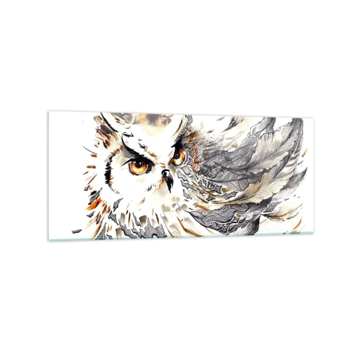 Obraz na szkle - Sowa z mistycznymi piórami w artystycznej formie akwareli - 120x50cm - Przybyła ze świata magii - Nowoczesna dekoracja ścienna do salonu i sypialni ARTTOR