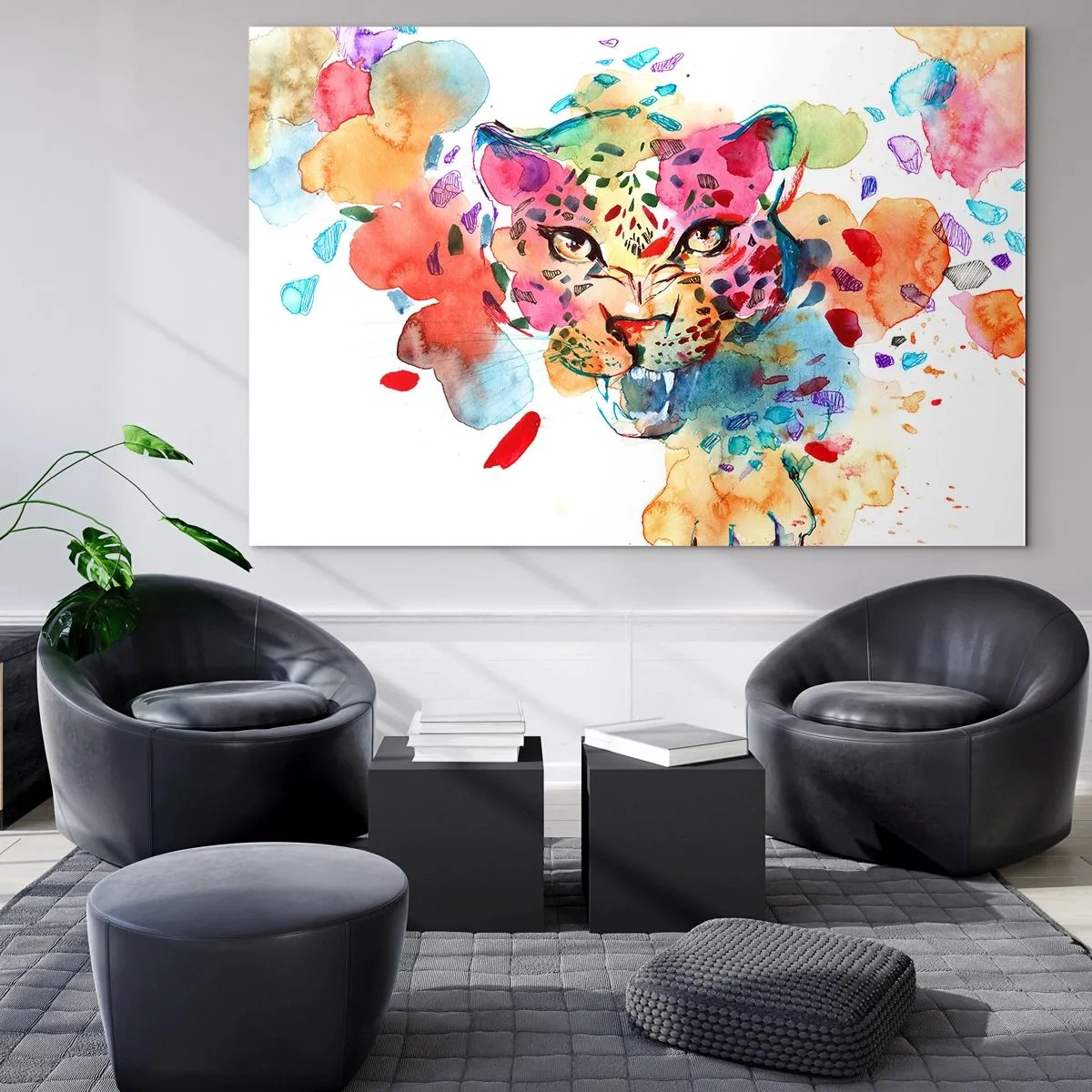 Obraz na szkle - Kolorowy portret lamparta w stylu akwarelowym - 70x50cm - Piękna i bestia - Nowoczesna dekoracja ścienna do salonu i sypialni ARTTOR