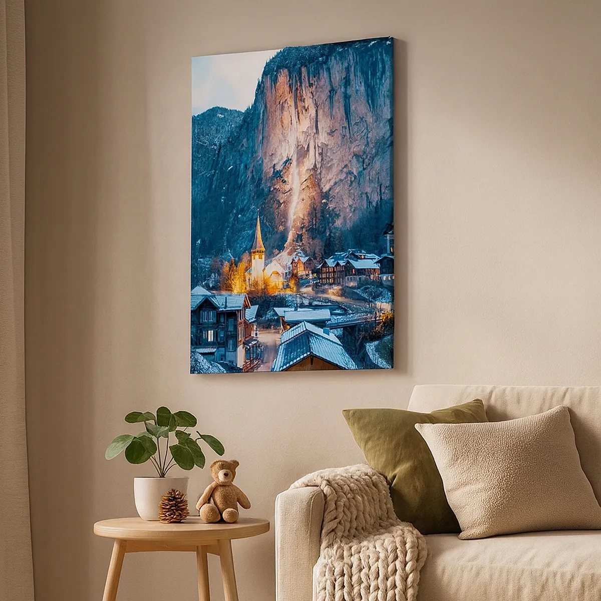 Obraz na płótnie - Zimowa wioska u podnóża gór z podświetlonym wodospadem - 50x70cm - Świetlisty duch zimy - Nowoczesna dekoracja ścienna do salonu, kuchni i sypialni ARTTOR