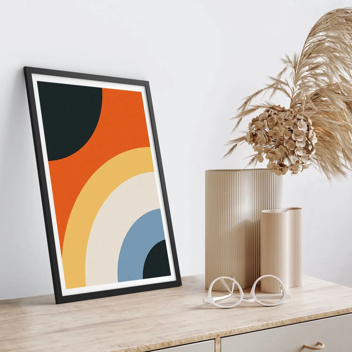 Plakat w czarnej ramie - Abstrakcyjne kolorowe łuki i okręgi - 50x70cm - Ku sobie - Nowoczesna dekoracja ścienna do salonu i sypialni ARTTOR
