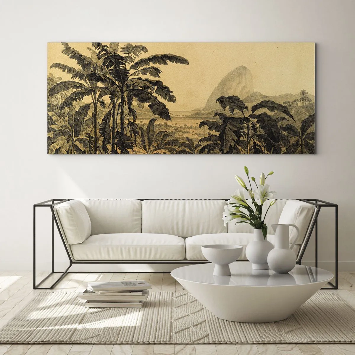 Obraz na szkle - Rysunek bananowców na tle tropikalnego krajobrazu - 120x50cm - w kolonialnym klimacie - Nowoczesna dekoracja ścienna do salonu i sypialni ARTTOR