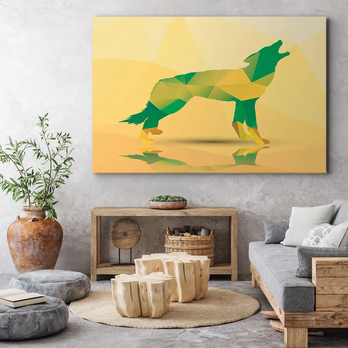 Obraz na płótnie - Geometryczna sylwetka wilka w zielono-żółtych odcieniach - 70x50cm - Samotny wilk - Nowoczesna dekoracja ścienna do salonu i sypialni ARTTOR