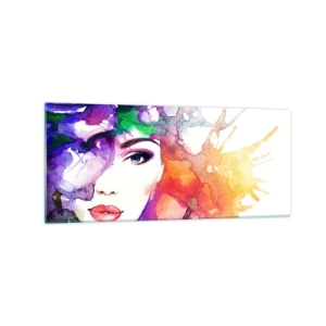 Obraz na szkle - Portret kobiety w akwarelowych barwach z abstrakcyjnymi plamami - 120x50cm - Z głową w chmurach - Nowoczesna dekoracja ścienna do salonu i sypialni ARTTOR