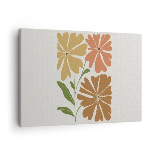 Obraz na płótnie - Trzy kwiaty w ciepłych barwach na jasnym tle - 70x50cm - Natura i geometria - Nowoczesna dekoracja ścienna do salonu i sypialni ARTTOR
