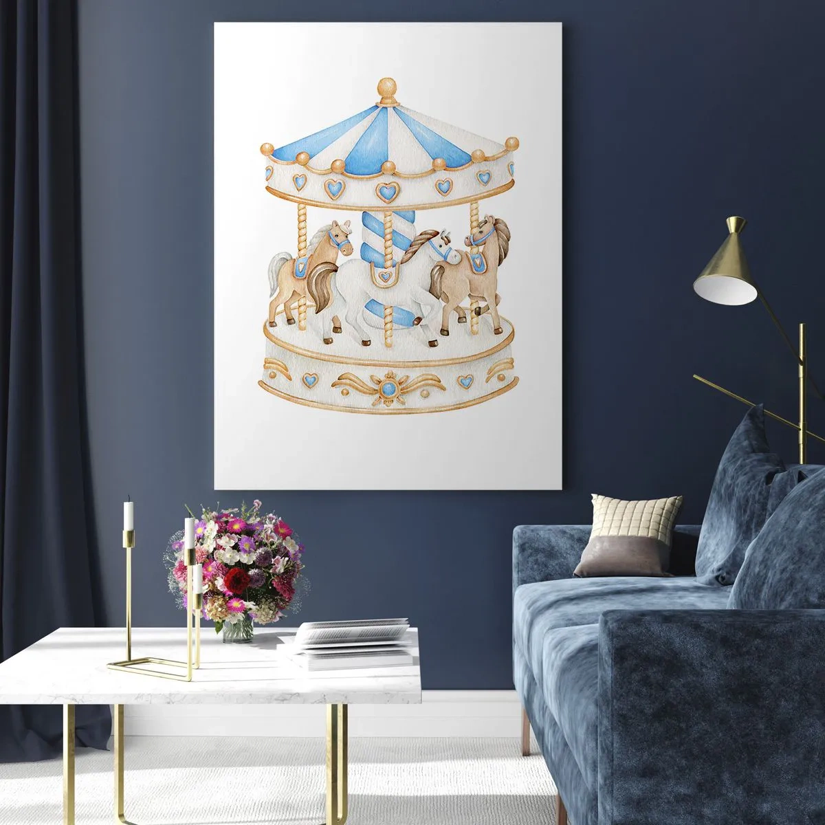 Obraz na szkle - Karuzela z konikami w pastelowych kolorach - 50x70cm - Słodkie dzieciństwo - Nowoczesna dekoracja ścienna do salonu, kuchni i sypialni ARTTOR