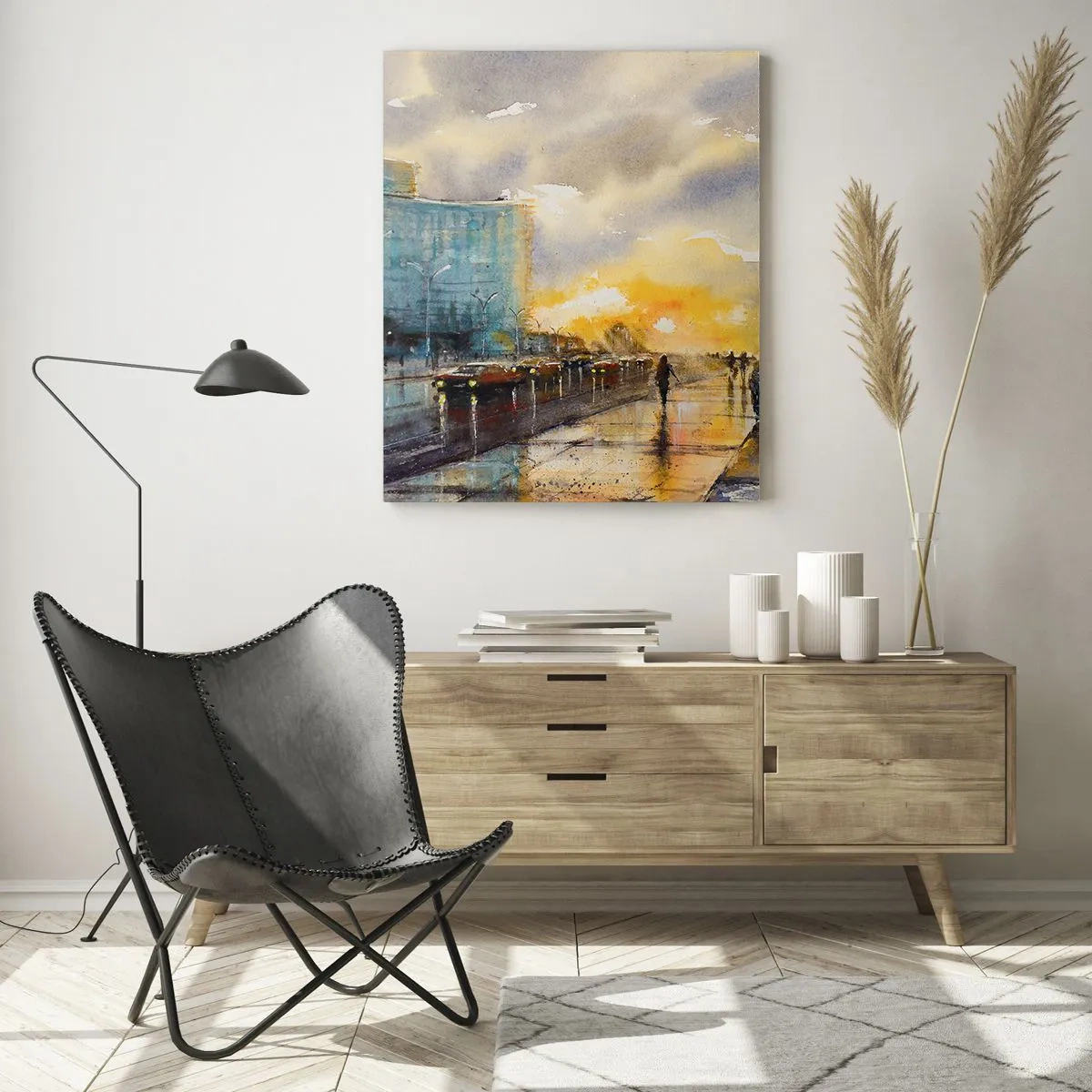Obraz na szkle - Miasto nadmorskie w akwareli z zachodem słońca - 50x70cm - Życie na brzegu - Nowoczesna dekoracja ścienna do salonu, kuchni i sypialni ARTTOR