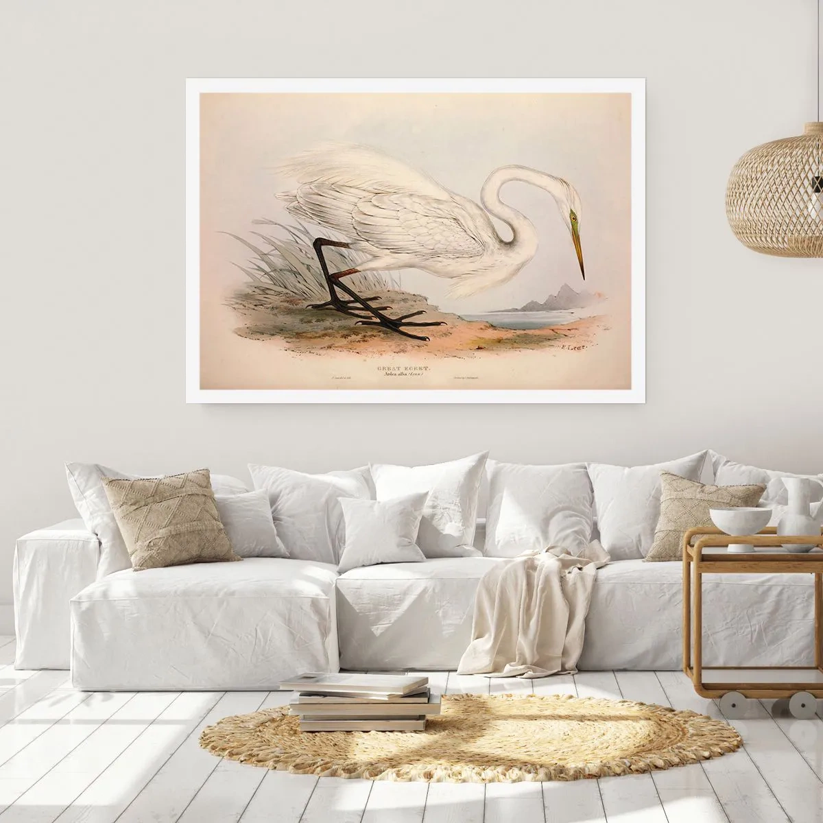 Plakat - Rysunek białej czapli na tle naturalnego krajobrazu - 100x70cm - Pani na szuwarach - Nowoczesna dekoracja ścienna do salonu i sypialni ARTTOR