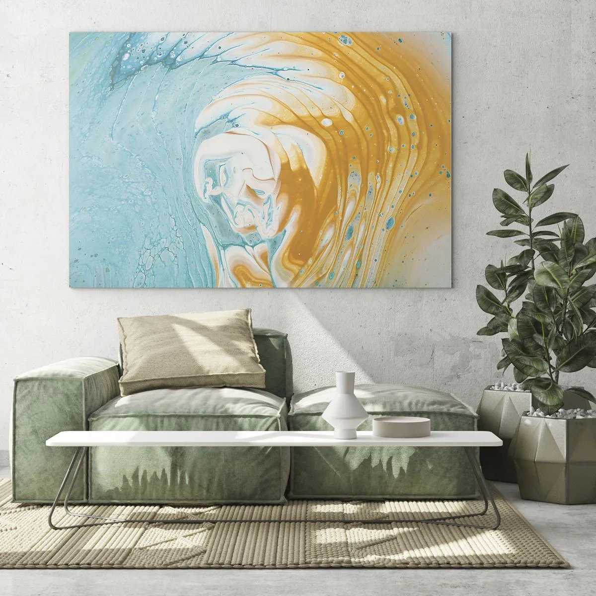 Obraz na szkle - Pastelowy wir w błękitno-żółtej kolorystyce - 70x50cm - Pastelowy wir - Nowoczesna dekoracja ścienna do salonu i sypialni ARTTOR