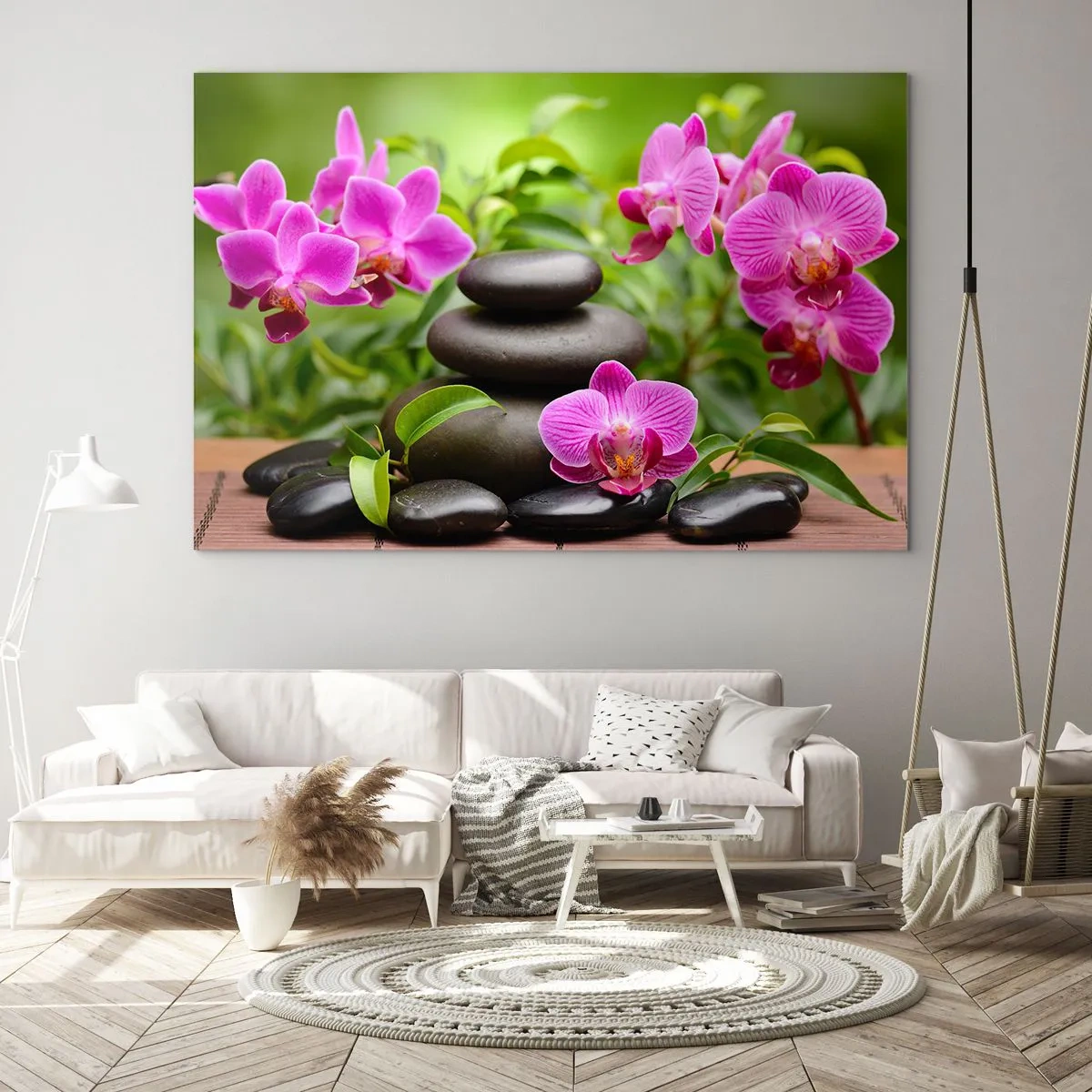 Obraz na szkle - Różowe storczyki i czarne kamienie w spokojnym otoczeniu - 120x80cm - Piramida spokoju - Nowoczesna dekoracja ścienna do salonu, kuchni i sypialni ARTTOR