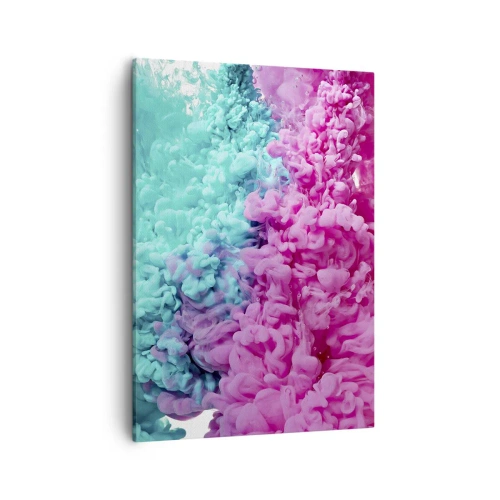 Obraz na płótnie - Rozmyte farby w intensywnych odcieniach niebieskiego i różowego, tworzące efekt eksplozji - 50x70cm - Decydujące starcie - Nowoczesna dekoracja ścienna do salonu, kuchni i sypialni ARTTOR
