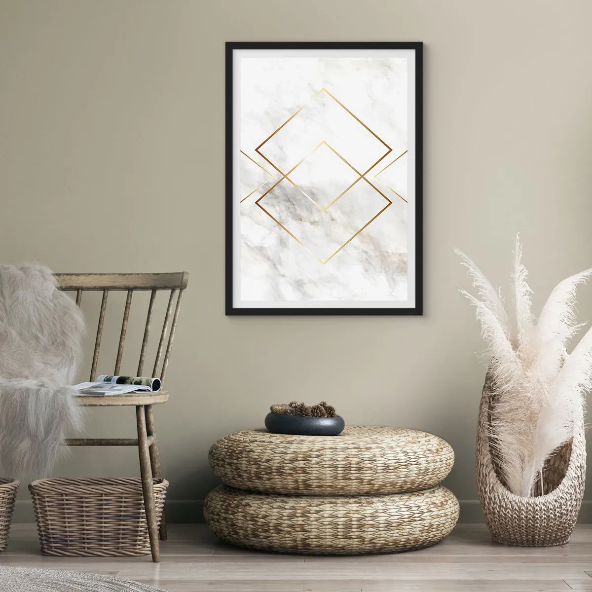 Plakat w czarnej ramie - Geometria w złotych liniach na tle marmuru - 50x70cm - Widok na nieskończoność - Nowoczesna dekoracja ścienna do salonu i sypialni ARTTOR