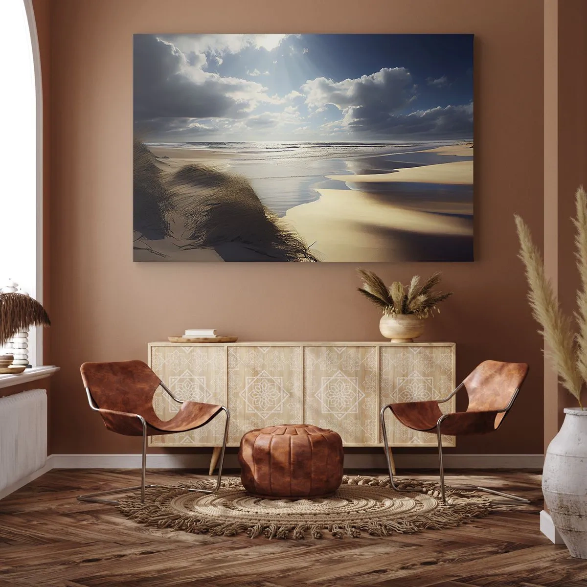 Obraz na płótnie - Dzika plaża z wydmami i błękitnym niebem - 70x50cm - Plaża, dzika plaża - Nowoczesna dekoracja ścienna do salonu i sypialni ARTTOR