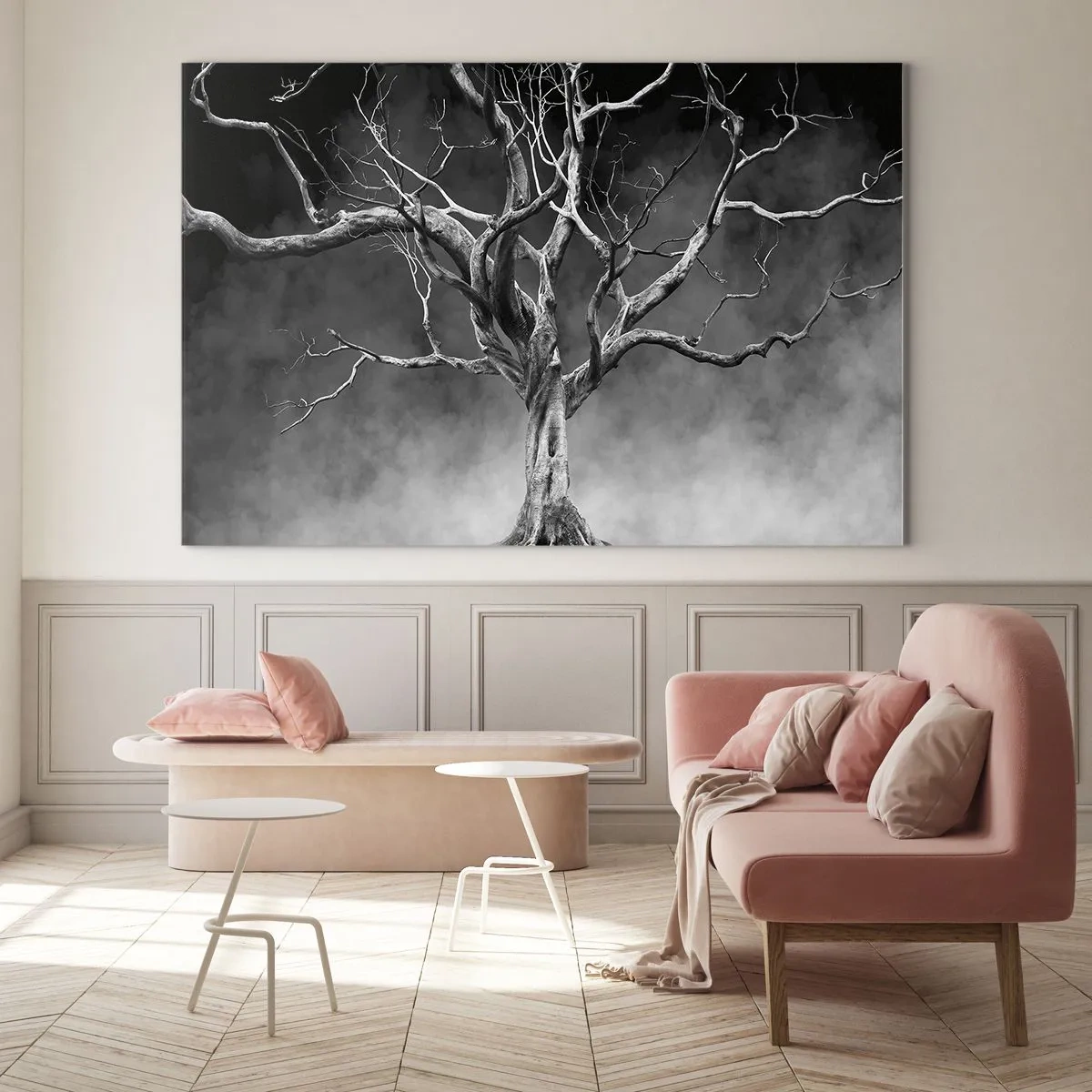 Obraz na szkle - Czarne drzewo na tle mgły - 100x70cm - Pierwotne i święte - Nowoczesna dekoracja ścienna do salonu, kuchni i sypialni ARTTOR