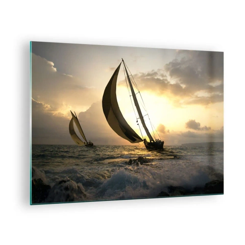 Obraz na szkle - Żaglówki na wzburzonym morzu podczas zachodu słońca - 70x50cm - Z wiatrem i pod wiatr - Nowoczesna dekoracja ścienna do salonu i sypialni ARTTOR