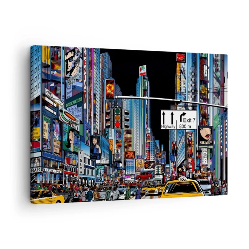Obraz na płótnie - Tętniące życiem miasto z kolorowymi reklamami i żółtymi taksówkami - 70x50cm - Komiksowa wielka noc - Nowoczesna dekoracja ścienna do salonu i sypialni ARTTOR