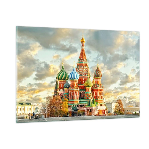 Obraz na szkle - Katedra św. Bazylego w Moskwie na tle nieba z chmurami - 120x80cm - Nawet Disney by nie wymyślił - Nowoczesna dekoracja ścienna do salonu, kuchni i sypialni ARTTOR