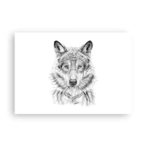 Plakat - Szkic głowy wilka w monochromatycznym stylu na białym tle - 100x70cm - Urodzony przywódca - Nowoczesna dekoracja ścienna do salonu i sypialni ARTTOR