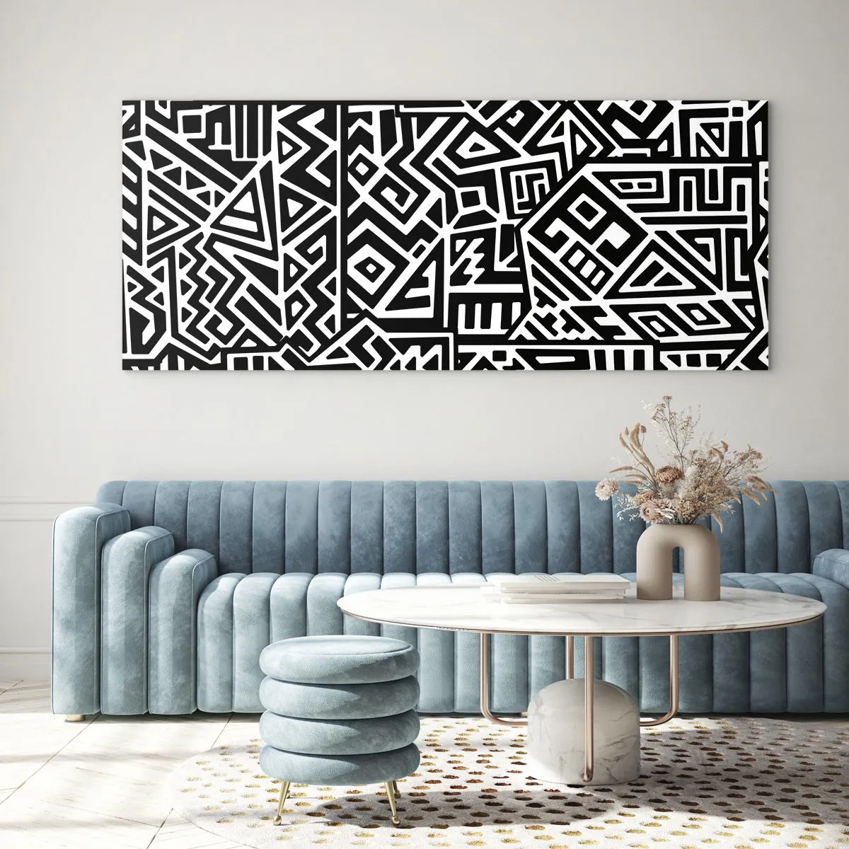 Obraz na szkle - Czarno-białe geometryczne wzory inspirowane kulturą prekolumbijską - 120x50cm - Kompozycja prekolumbijska - Nowoczesna dekoracja ścienna do salonu i sypialni ARTTOR