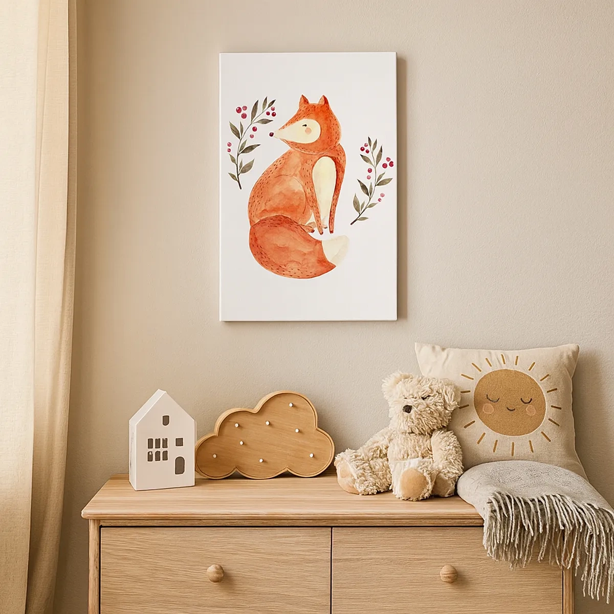 Obraz na płótnie - Akwarelowy rudy lisek otoczony gałązkami z czerwonymi owocami - 50x70cm - Mały rudzielec - Nowoczesna dekoracja ścienna do salonu, kuchni i sypialni ARTTOR