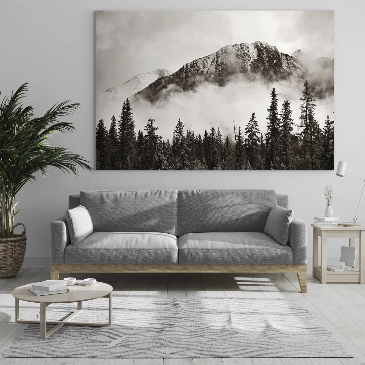 Obraz na szkle - Górski krajobraz z lasem i mgłą w odcieniach sepii - 70x50cm - Granitowy władca - Nowoczesna dekoracja ścienna do salonu i sypialni ARTTOR
