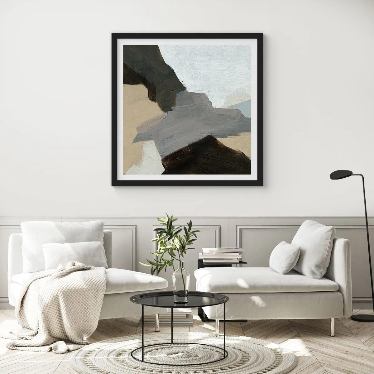 Plakat w czarnej ramie - Abstrakcja: rozstaje szarości - 40x40 cm