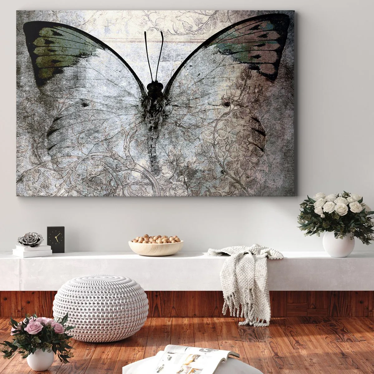 Obraz na płótnie - Motyl w odcieniach zieleni i szarości na ozdobnym tle - 120x80cm - W secesyjnym stylu - Nowoczesna dekoracja ścienna do salonu, kuchni i sypialni ARTTOR