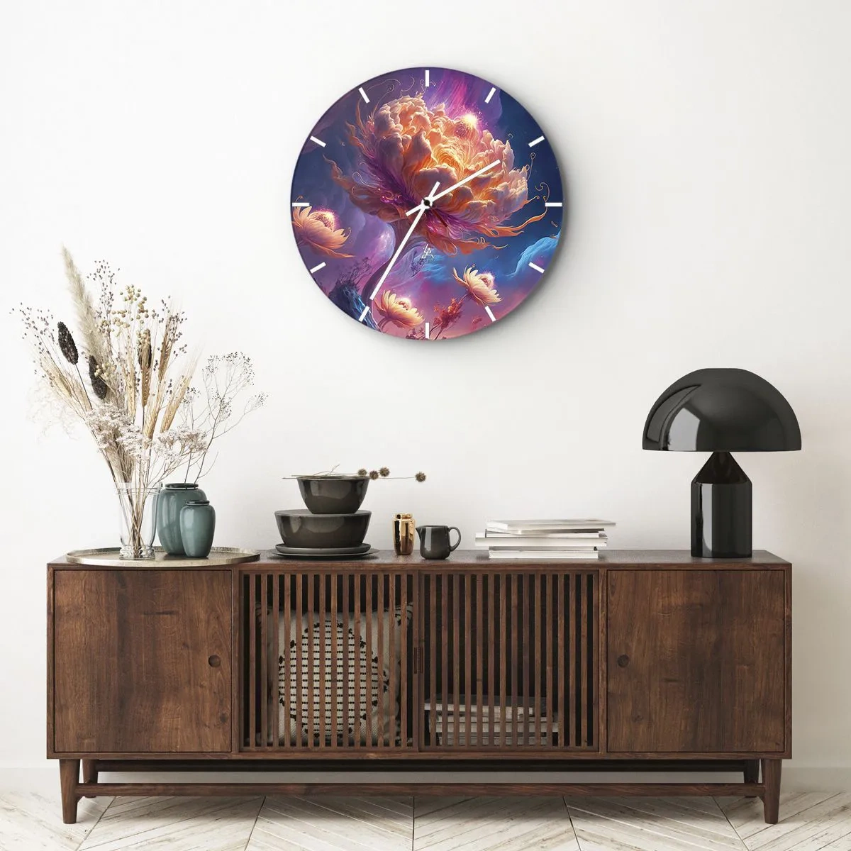 Zegar ścienny - Fantastyczny kwiat rozświetlony w kosmicznym pejzażu - 30x30cm - Inny świat - Nowoczesna dekoracja ścienna do salonu, kuchni i sypialni ARTTOR