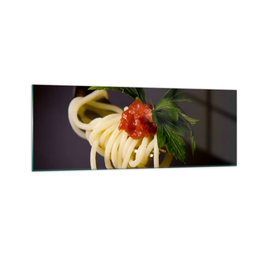 Obraz na szkle - Makaron spaghetti na widelcu z sosem pomidorowym i natką pietruszki - 140x50cm - Smakowity kęs - Nowoczesna dekoracja ścienna do salonu i sypialni ARTTOR
