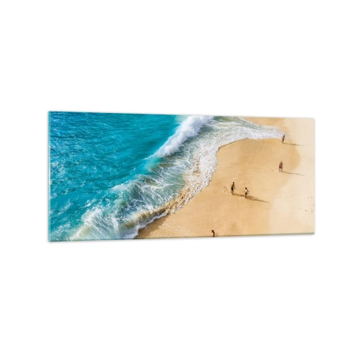 Obraz na szkle - Plaża z turkusową wodą i spacerującymi ludźmi - 120x50cm - A potem słońce, plaża… - Nowoczesna dekoracja ścienna do salonu i sypialni ARTTOR