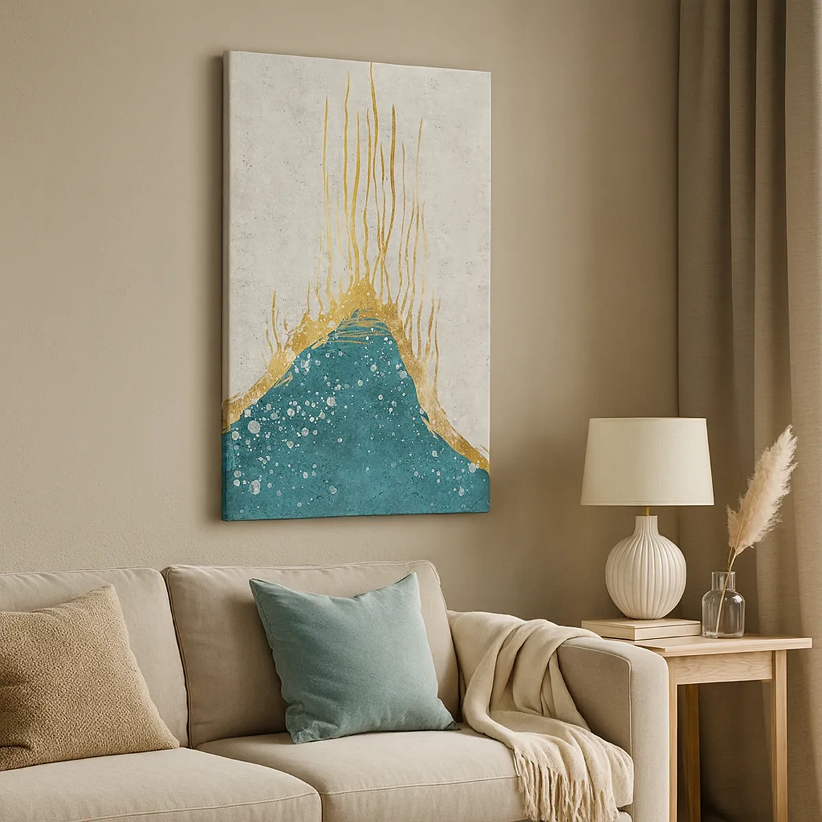 Obraz na płótnie - Abstrakcyjna kompozycja z turkusową górą i złotymi liniami na jasnym tle - 50x70cm - Złoty przypływ - Nowoczesna dekoracja ścienna do salonu, kuchni i sypialni ARTTOR