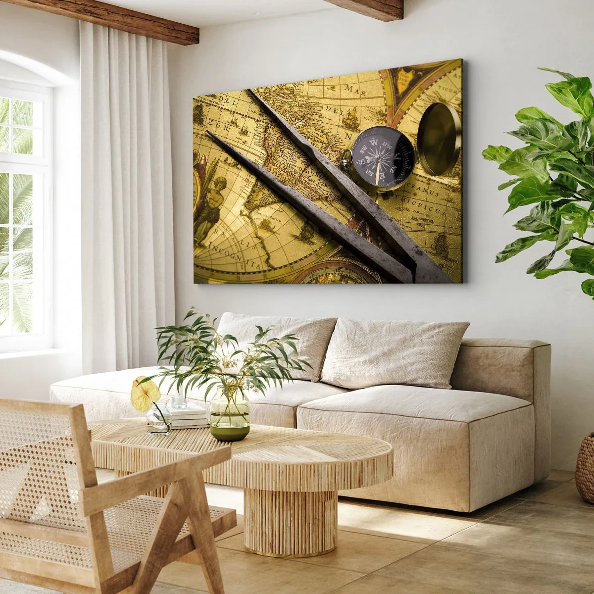 Obraz na płótnie - Zabytkowa mapa świata z kompasem i cyrklem na tle - 70x50cm - Gdze te skarby? - Nowoczesna dekoracja ścienna do salonu i sypialni ARTTOR