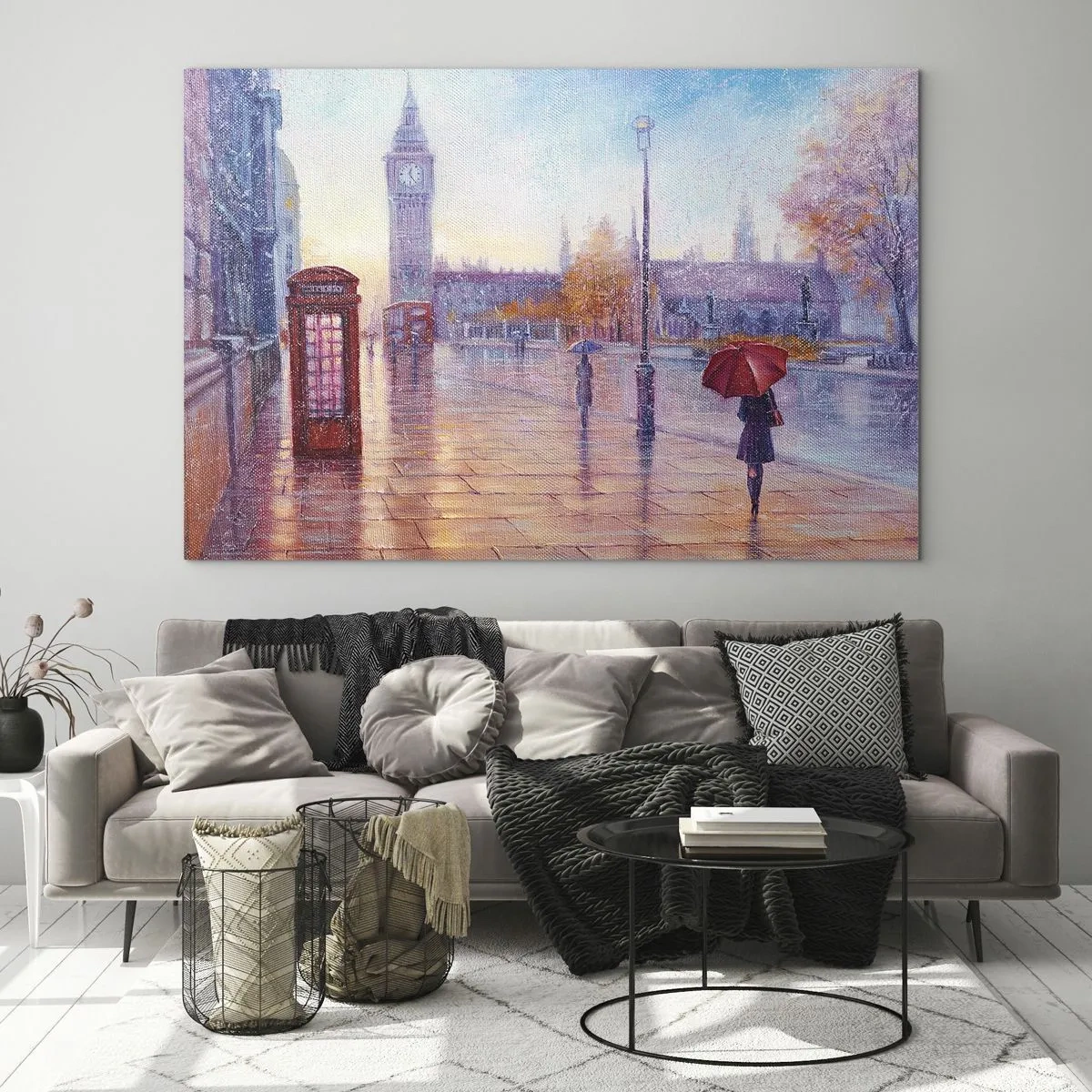 Obraz na szkle - Londynska scena w deszczu z Big Benem i czerwoną budką - 100x70cm - Londyński jesienny dzień - Nowoczesna dekoracja ścienna do salonu, kuchni i sypialni ARTTOR