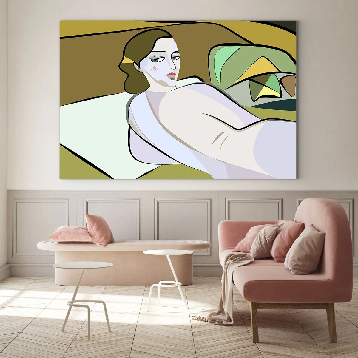 Obraz na szkle - Kobieca sylwetka w stylu abstrakcyjnym z geometrycznym tłem - 70x50cm - Portret intymny - Nowoczesna dekoracja ścienna do salonu i sypialni ARTTOR
