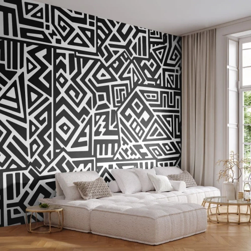 Fototapeta Premium Canvas - Czarno-białe geometryczne wzory inspirowane kulturą prekolumbijską - 100x70cm - Kompozycja prekolumbijska - Nowoczesna dekoracja ścienna do salonu i sypialni ARTTOR