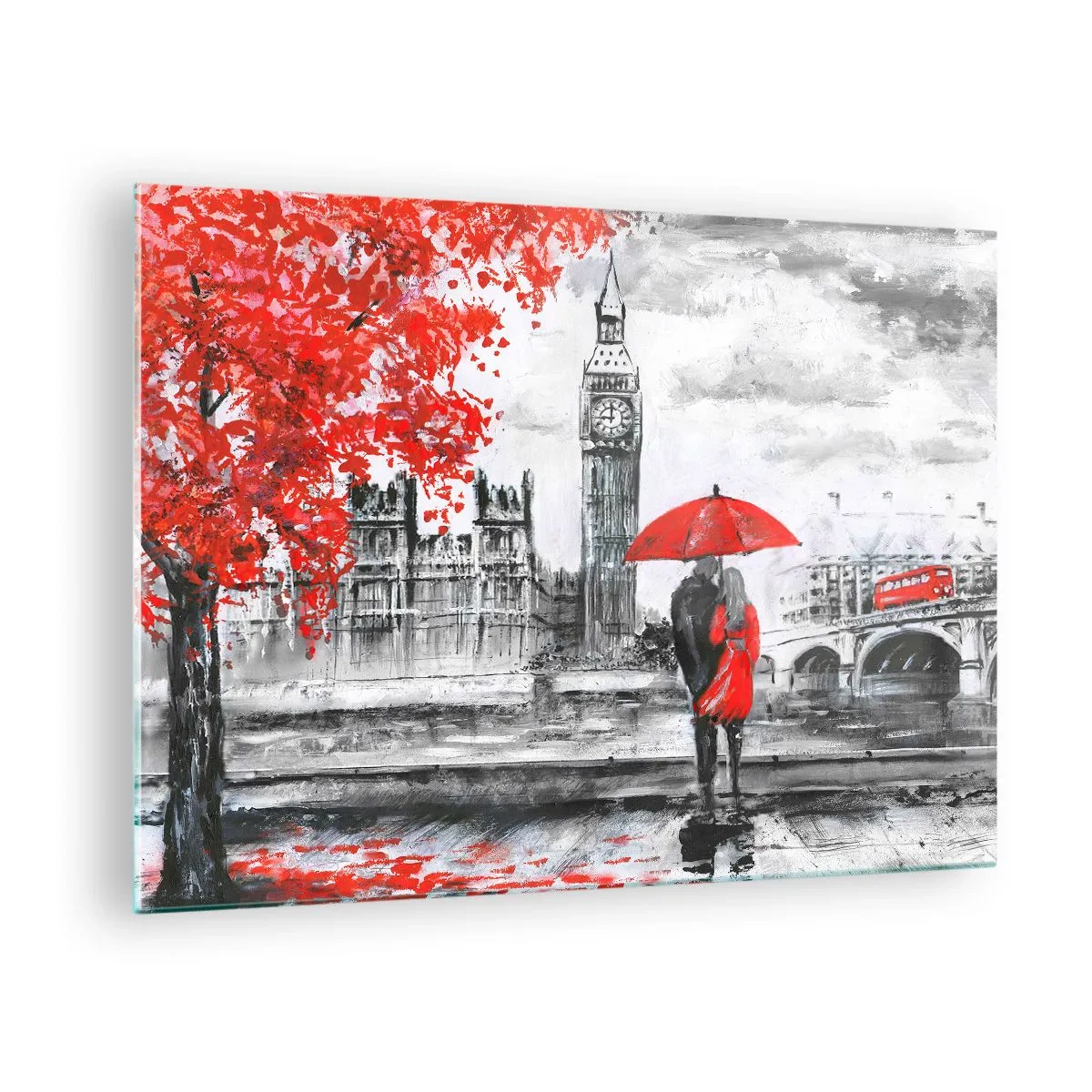 Obraz na szkle - Para pod czerwoną parasolką na tle Big Bena i jesiennych drzew - 70x50cm - Zakochani w Londynie - Nowoczesna dekoracja ścienna do salonu i sypialni ARTTOR