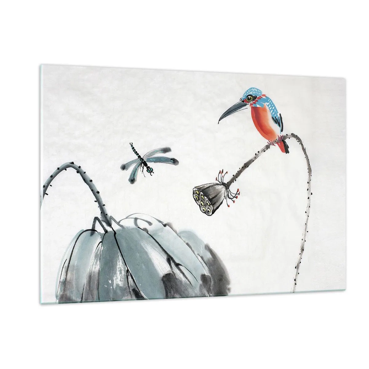 Obraz na szkle - Ilustracja z kolorowym ptakiem i ważką na tle roślinności - 120x80cm - Życie łąki - Nowoczesna dekoracja ścienna do salonu, kuchni i sypialni ARTTOR