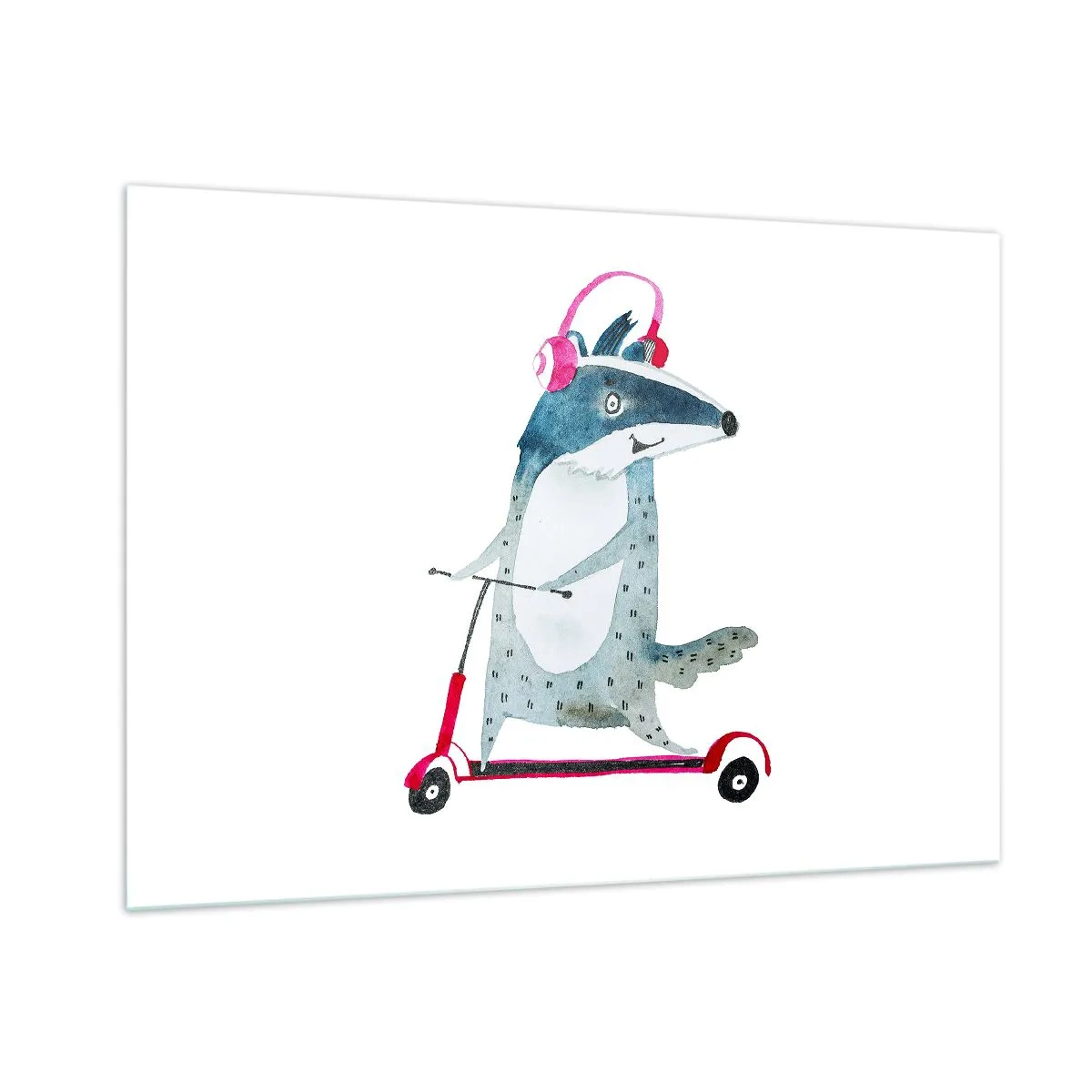 Obraz na szkle - Borsuk w słuchawkach na hulajnodze w stylu akwareli - 100x70cm - Borsucze radości - Nowoczesna dekoracja ścienna do salonu, kuchni i sypialni ARTTOR