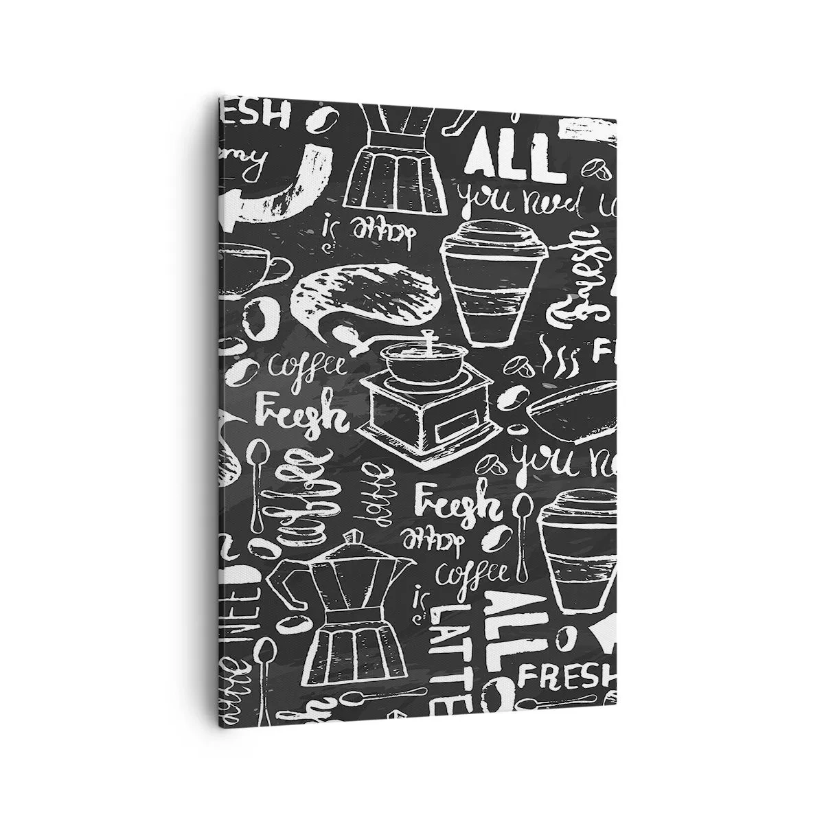 Obraz na płótnie - Czarno-biała grafika z kawowymi ilustracjami i napisami - 50x70cm - All you need is… - Nowoczesna dekoracja ścienna do salonu, kuchni i sypialni ARTTOR