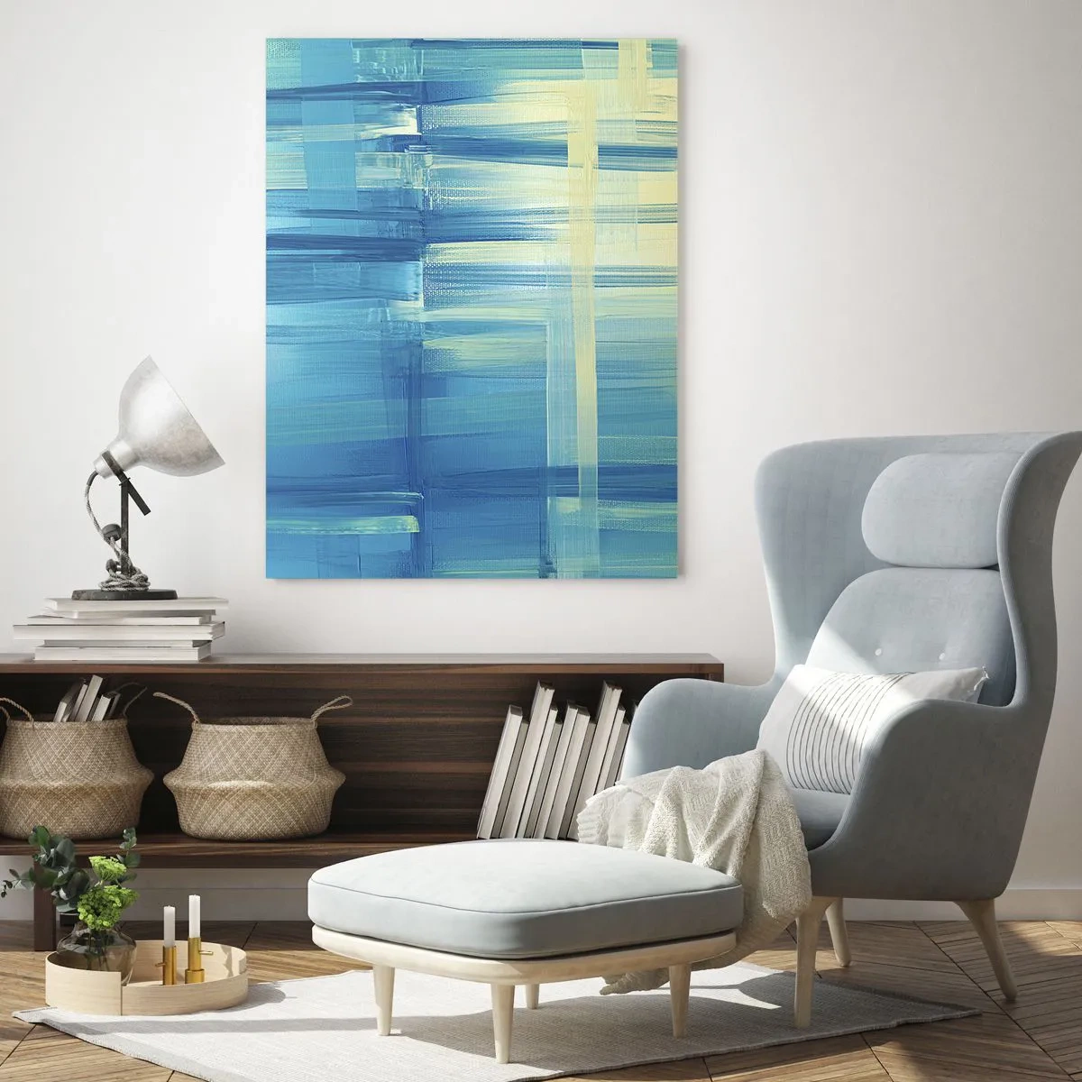 Obraz na szkle - Abstrakcyjny obraz w odcieniach turkusu i błękitu z geometrycznymi pociągnięciami pędzla - 70x100cm - Kompozycja w turkusie - Nowoczesna dekoracja ścienna do salonu i sypialni ARTTOR