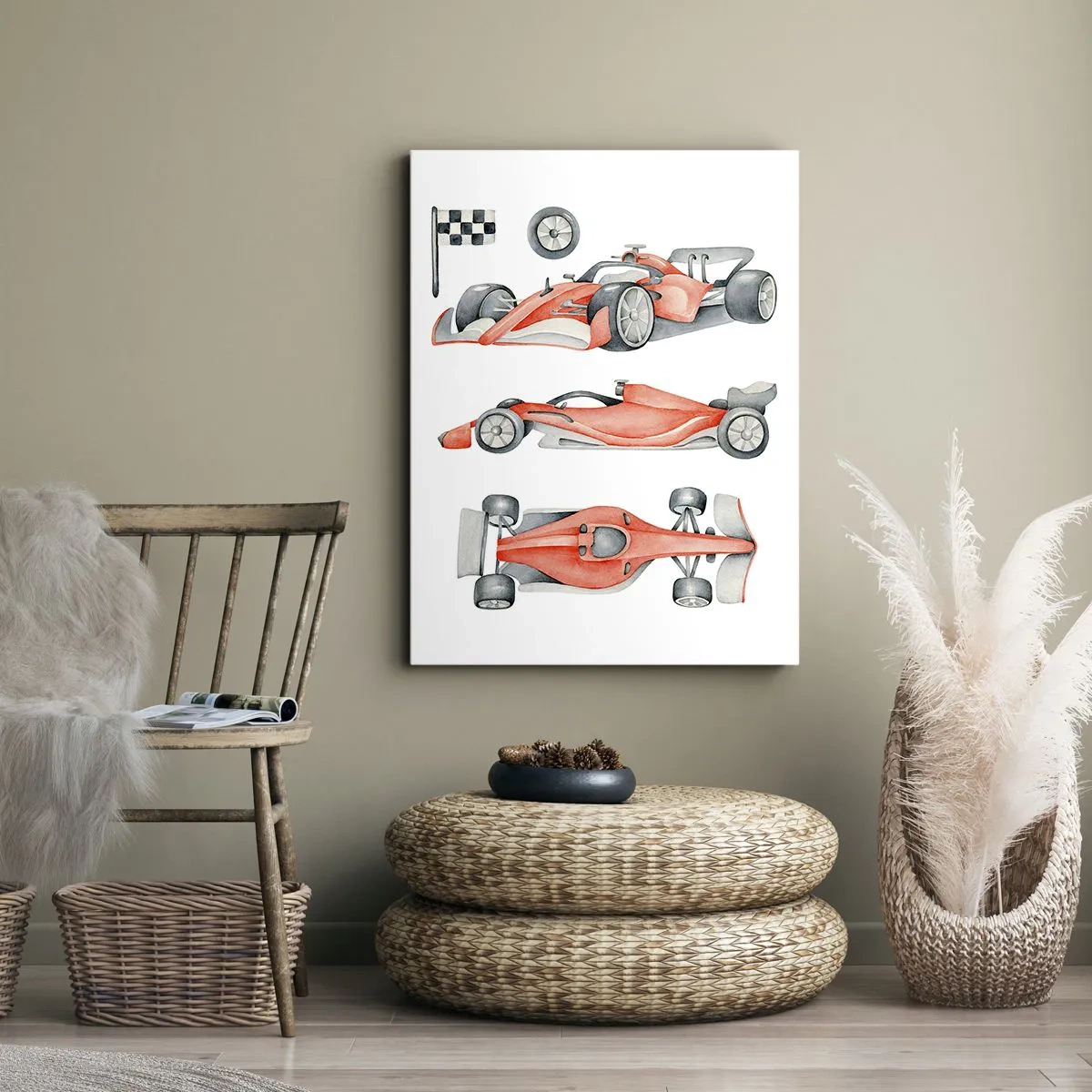 Obraz na płótnie - Ilustracja bolidu wyścigowego w odcieniach czerwieni i szarości - 50x70cm - Doścignąć marzenie - Nowoczesna dekoracja ścienna do salonu, kuchni i sypialni ARTTOR