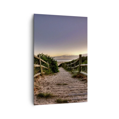 Obraz na płótnie - Drewniana ścieżka na wydmach prowadząca na plażę o zachodzie słońca - 80x120cm - Już widać cel - Nowoczesna dekoracja ścienna do salonu i sypialni ARTTOR