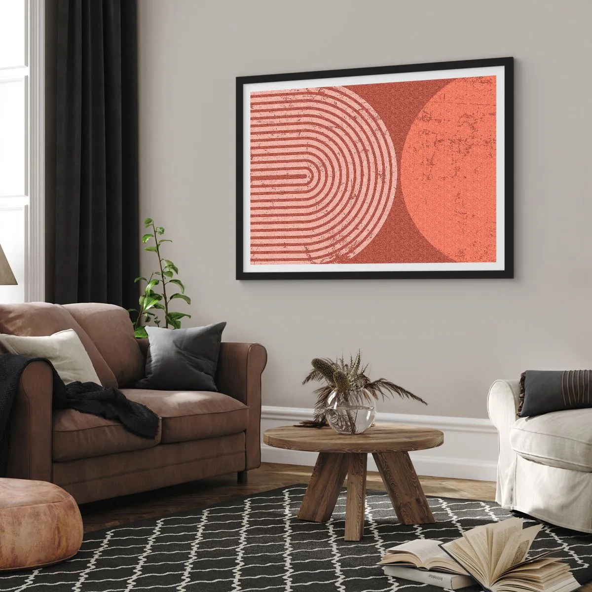Plakat w czarnej ramie - Geometryczne wzory w odcieniach terrakoty na vintage tle - 70x50cm - Bliska relacja - Nowoczesna dekoracja ścienna do salonu i sypialni ARTTOR