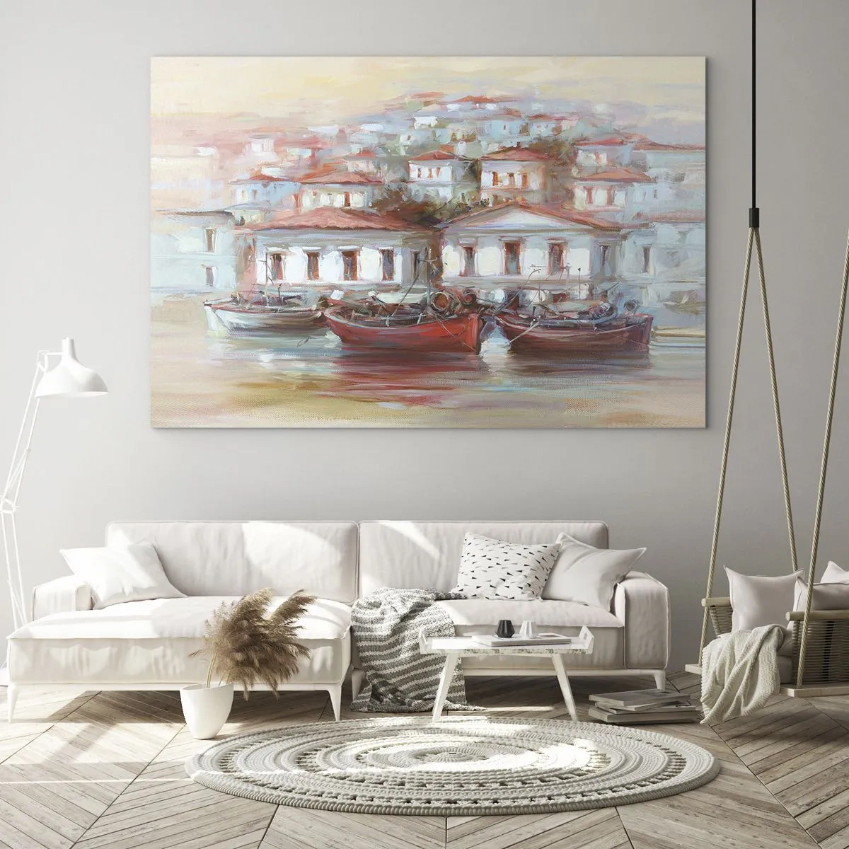 Obraz na szkle - Malownicze miasteczko z łodziami w porcie o zachodzie słońca - 70x50cm - Szczęśliwe miasteczko - Nowoczesna dekoracja ścienna do salonu i sypialni ARTTOR