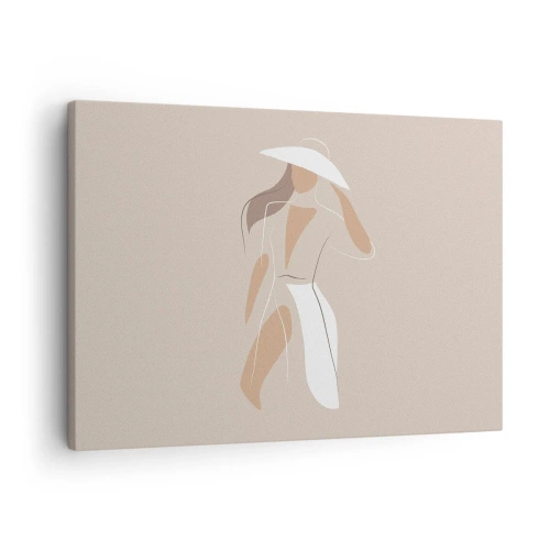 Obraz na płótnie - Minimalistyczny rysunek kobiety w kapeluszu na beżowym tle - 70x50cm - Moda to zabawa - Nowoczesna dekoracja ścienna do salonu i sypialni ARTTOR