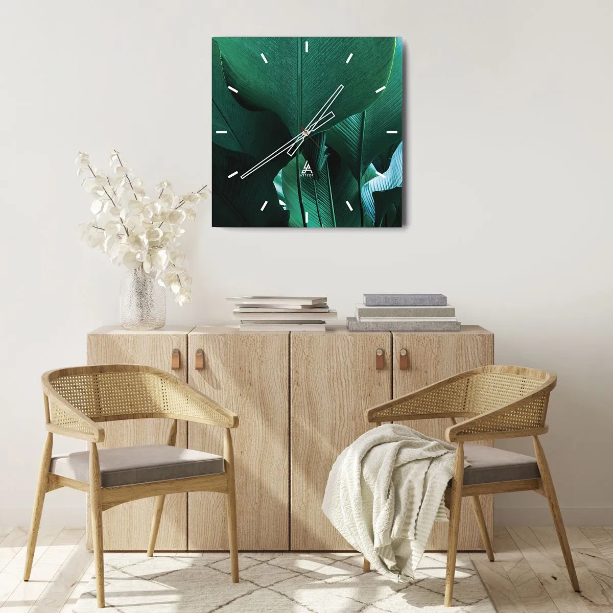 Zegar ścienny - Zielone liście w minimalistycznej kompozycji - 30x30cm - Zwrócone do światła - Nowoczesna dekoracja ścienna do salonu i sypialni ARTTOR